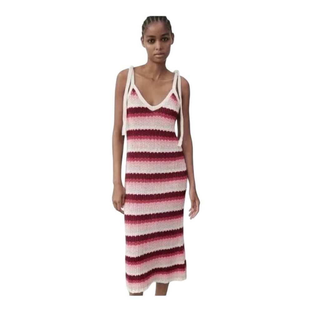 ZARA Red Pink And Cream Striped Crochet Dress Limited Edition, Size M